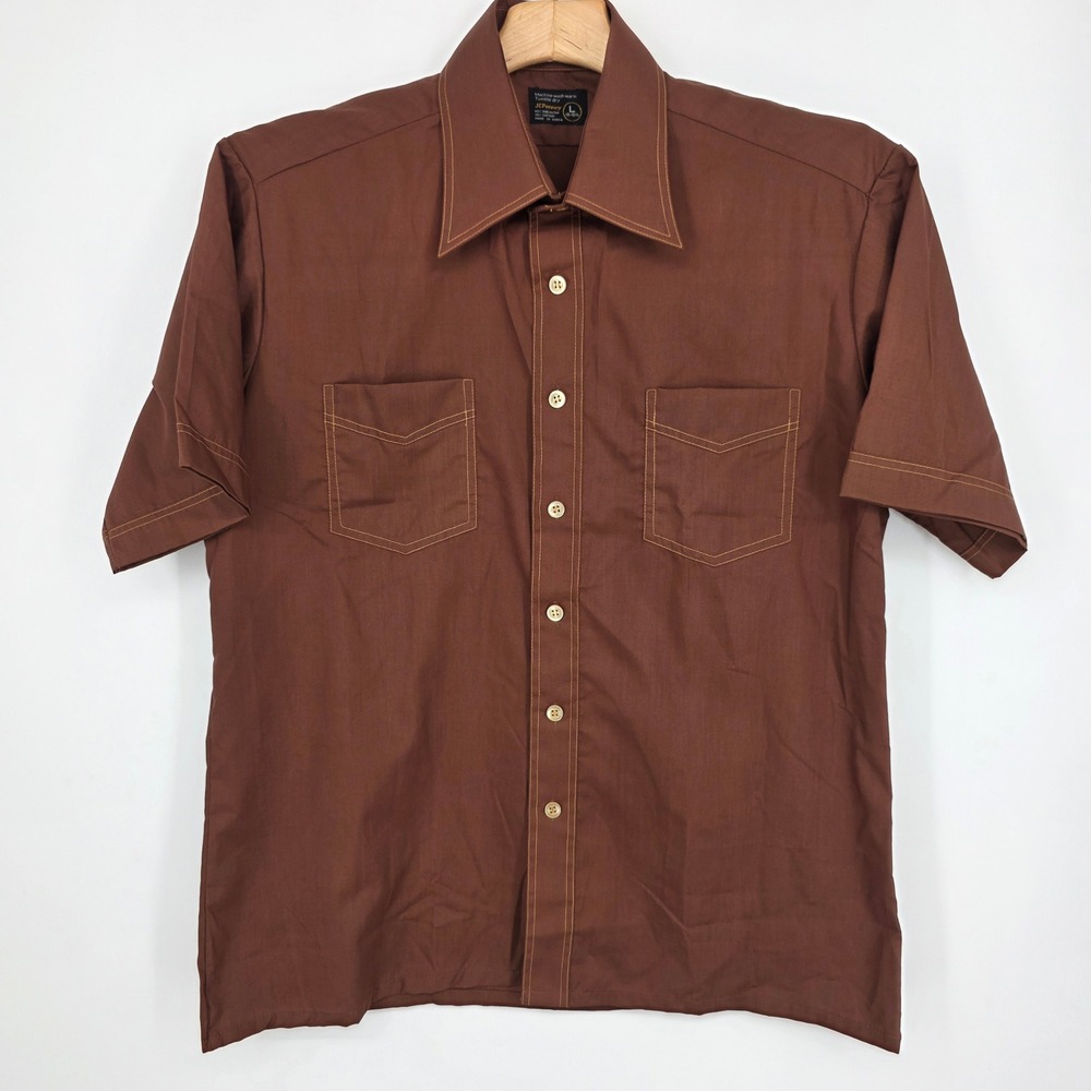 Vintage JCPenney Mens Brown Dagger Collar Short Sleeve Button Down Shirt Large